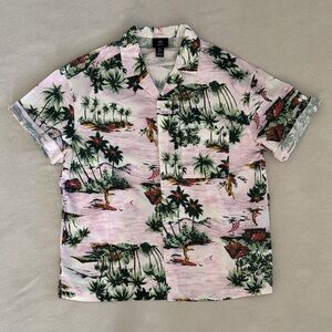 H&M Tropical Print Pink Hawaiian Button Up Short Sleeved Shirt Men's Size MD